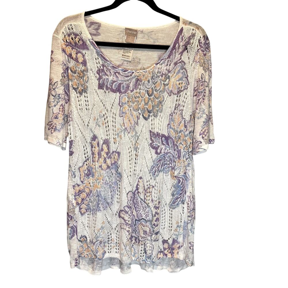 Chico's Floral Print Crocheted Knit Short Sleeve Top - size 3 (US XL)